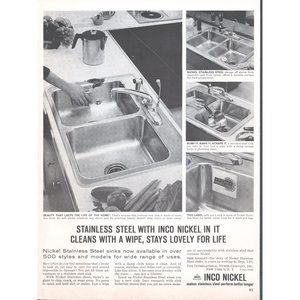 1961 Inco Nickel Stainless Steel Vintage Print Ad MCM Midcentury Kitchen Sink